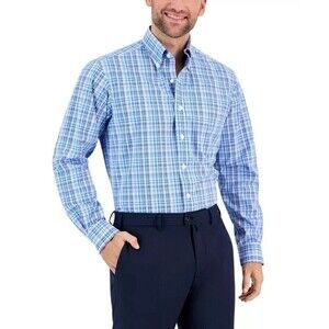 Club Room Men's Dress Shirt Button Down Peter Plaid Cotton Navy Blue 17  34-35